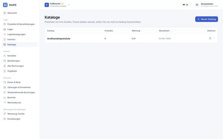 GiroPS-Ansicht Online-Katalog auf Web mit fiktiven Unternehmensdaten.