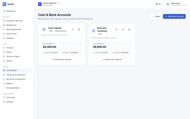 GiroPS Cash Flow & Bank screen on Web, with fictional business data.
