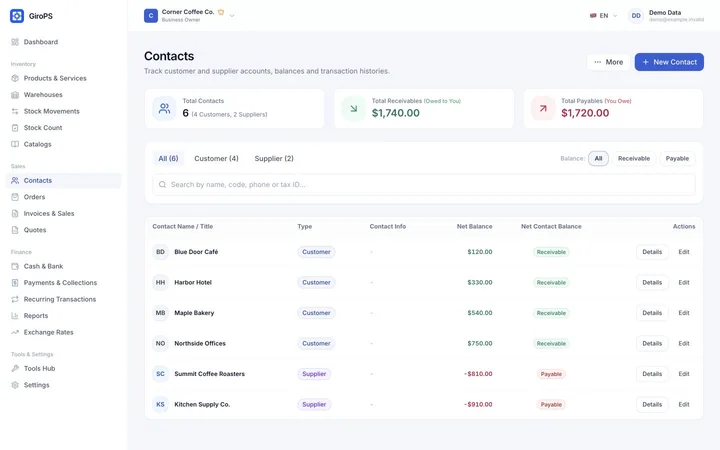 GiroPS Customer & Supplier Accounts screen on Web, with fictional business data.