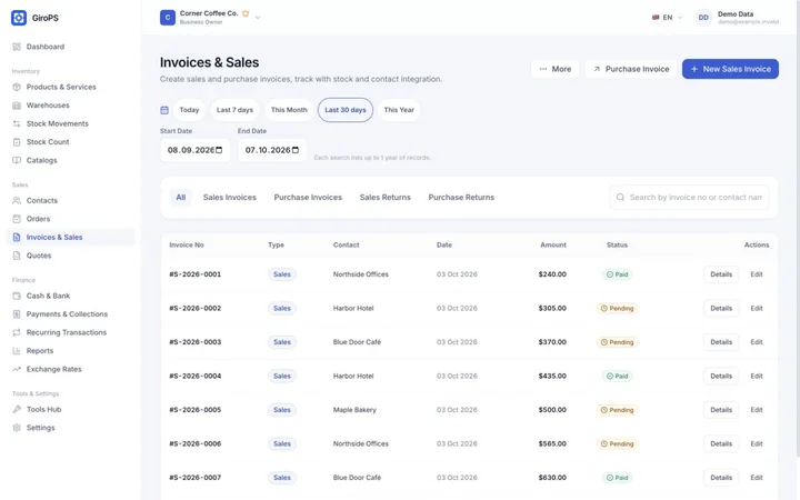 GiroPS Invoices, Quotes & Orders screen on Web, with fictional business data.