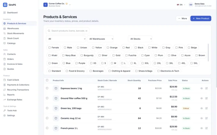 GiroPS Inventory & Warehouse screen on Web, with fictional business data.