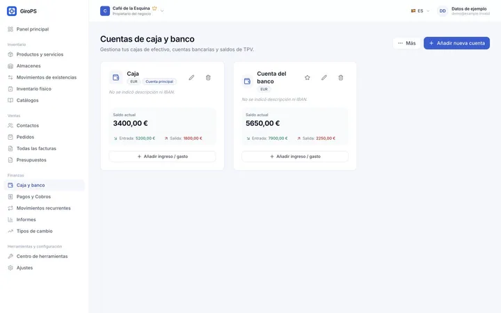 Pantalla de GiroPS Caja y Flujo de Fondos en Web, con datos de un negocio ficticio.