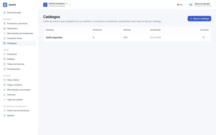 Pantalla de GiroPS Catálogo Digital en Web, con datos de un negocio ficticio.