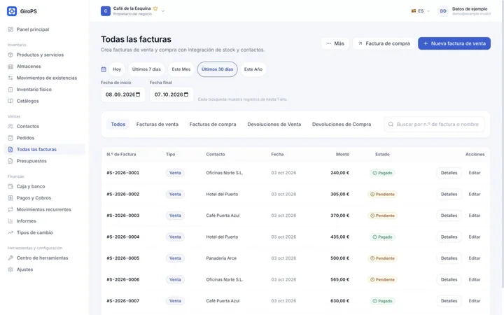 Pantalla de GiroPS Facturas y Presupuestos en Web, con datos de un negocio ficticio.
