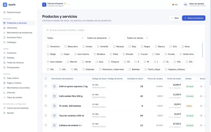Pantalla de GiroPS Inventario y Almacén en Web, con datos de un negocio ficticio.