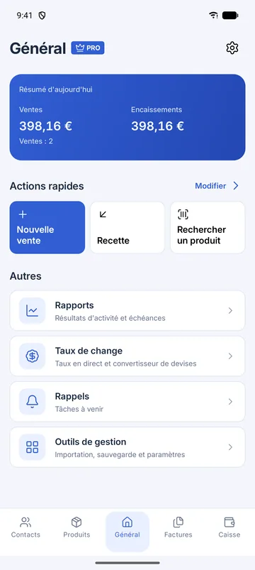 Écran GiroPS Applications Mobiles sur Android, avec les données d’une entreprise fictive.
