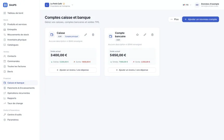 Écran GiroPS Trésorerie & Banque sur Web, avec les données d’une entreprise fictive.