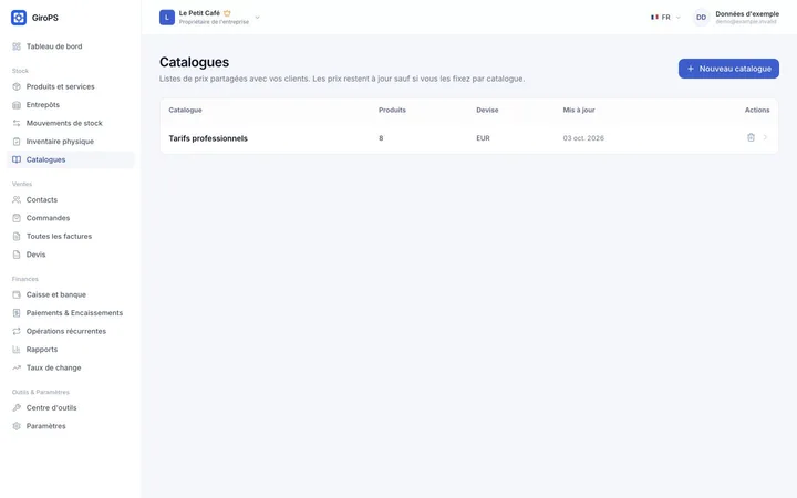 Écran GiroPS Catalogue Numérique sur Web, avec les données d’une entreprise fictive.