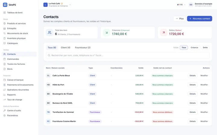 Écran GiroPS Comptes & Contacts sur Web, avec les données d’une entreprise fictive.