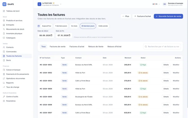 Écran GiroPS Factures & Devis sur Web, avec les données d’une entreprise fictive.