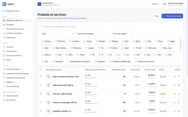 Écran GiroPS Stock & Entrepôt sur Web, avec les données d’une entreprise fictive.