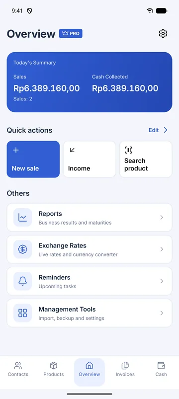 Layar GiroPS Aplikasi Mobile di Android, dengan data bisnis fiktif.