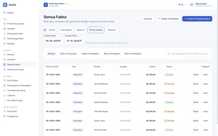 Layar GiroPS Faktur & Penawaran di Web, dengan data bisnis fiktif.