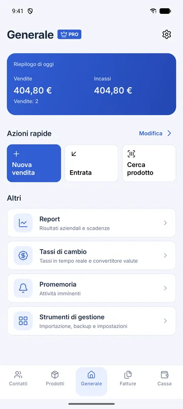 Schermata GiroPS App Mobili su Android, con dati di un’attività fittizia.