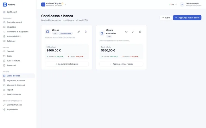 Schermata GiroPS Cassa e Flussi su Web, con dati di un’attività fittizia.