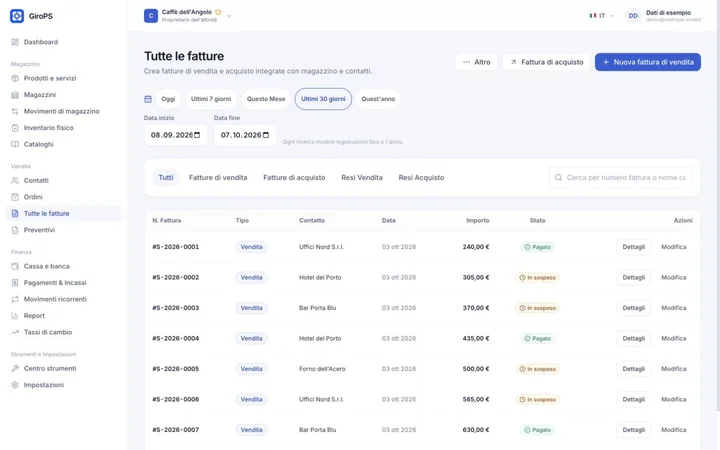 Schermata GiroPS Fatture e Preventivi su Web, con dati di un’attività fittizia.