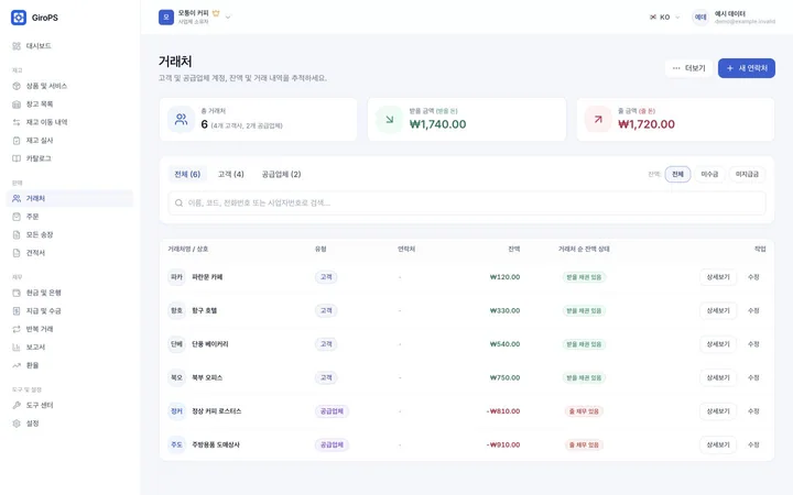 가상 사업체 데이터를 사용하는 Web의 GiroPS 거래처 및 미수금 관리 화면.