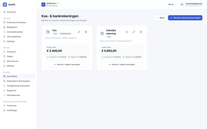 GiroPS-scherm Kas & Cashflow op Web, met fictieve bedrijfsgegevens.