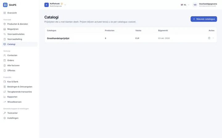 GiroPS-scherm Digitale Catalogus op Web, met fictieve bedrijfsgegevens.