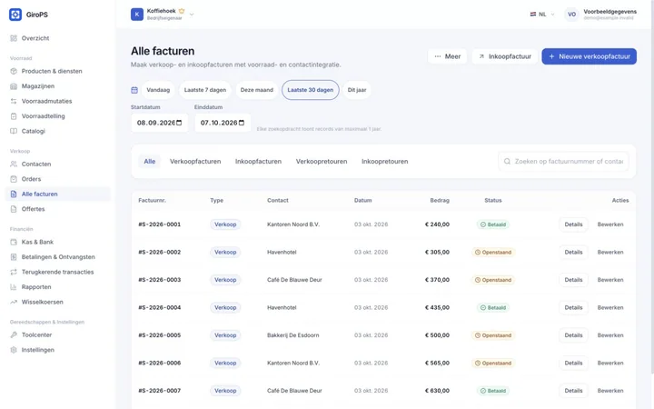 GiroPS-scherm Facturen & Offertes op Web, met fictieve bedrijfsgegevens.