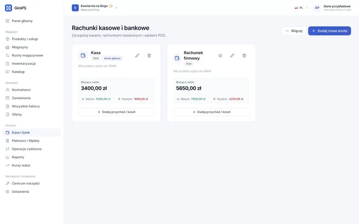 Ekran GiroPS Kasa i Finanse na Web z fikcyjnymi danymi firmy.