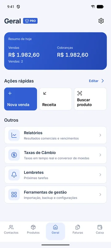 Tela do GiroPS Aplicativos Móveis no Android, com dados de um negócio fictício.