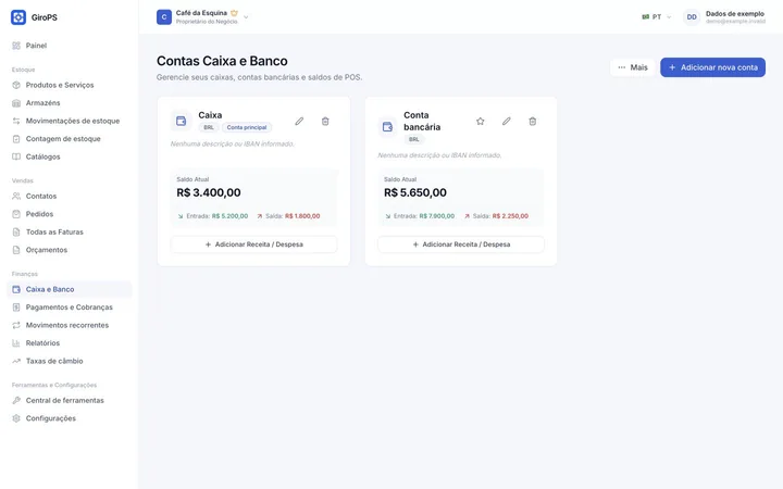 Tela do GiroPS Caixa e Fluxo Financeiro no Web, com dados de um negócio fictício.