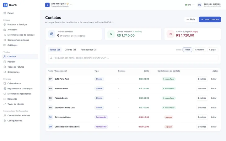 Tela do GiroPS Contas e Contatos no Web, com dados de um negócio fictício.