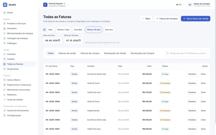 Tela do GiroPS Faturas e Orçamentos no Web, com dados de um negócio fictício.