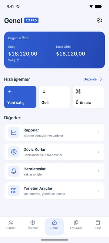Android üzerinde GiroPS Mobil Uygulamalar ekranı; örnek işletme verileri.