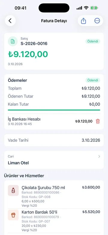 iOS üzerinde GiroPS Fatura, Teklif ve Sipariş ekranı; örnek işletme verileri.