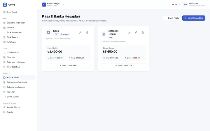 Web üzerinde GiroPS Kasa ve Nakit Akışı ekranı; örnek işletme verileri.