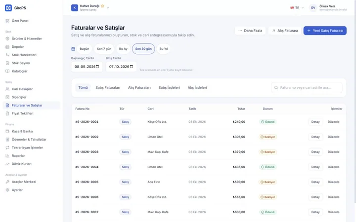 Web üzerinde GiroPS Fatura, Teklif ve Sipariş ekranı; örnek işletme verileri.