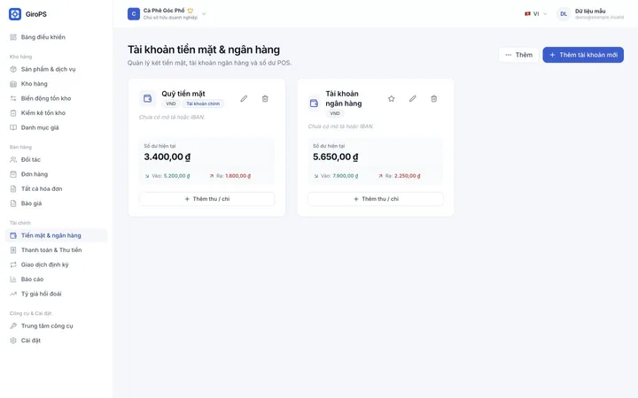 Màn hình GiroPS Quỹ tiền & Dòng tiền trên Web với dữ liệu doanh nghiệp giả định.