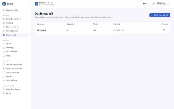 Màn hình GiroPS Danh mục trực tuyến trên Web với dữ liệu doanh nghiệp giả định.