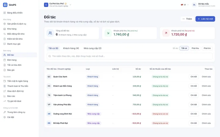 Màn hình GiroPS Khách hàng & Nhà cung cấp trên Web với dữ liệu doanh nghiệp giả định.