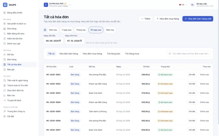 Màn hình GiroPS Hóa đơn & Báo giá trên Web với dữ liệu doanh nghiệp giả định.